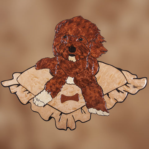 Toy Poodle on Pillow Exotic Wood Mosaic