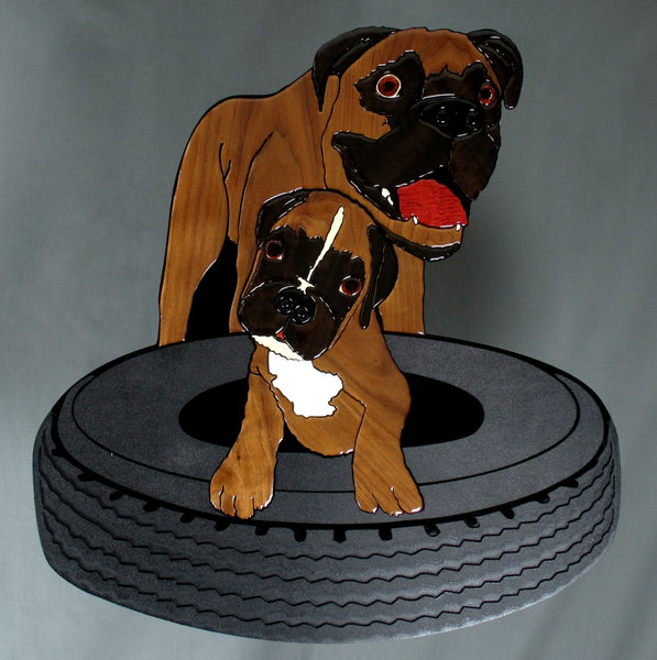 Boxer with Puppy in Tire Exotic Wood Mosaic